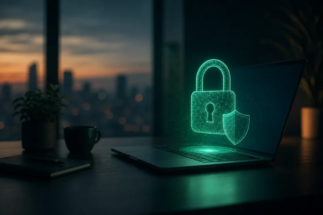 Datenschutz und Datensicherheit - Schloss-Symbol ueber einem Laptop